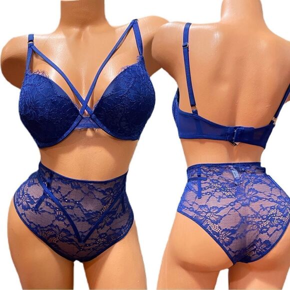 Victorias Secret Set Very Sexy Push Up Padded lace bra & High Waist Cheeky Blue - Picture 2 of 3